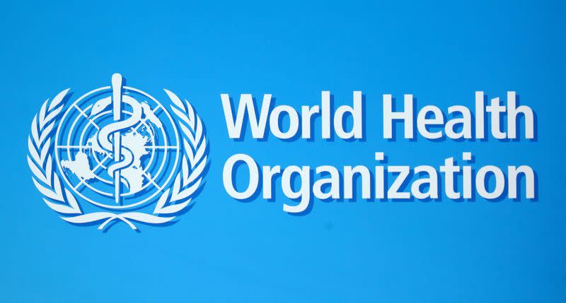 FILE PHOTO: The logo of the World Health Organization (WHO), is seen before a news conference in Geneva
