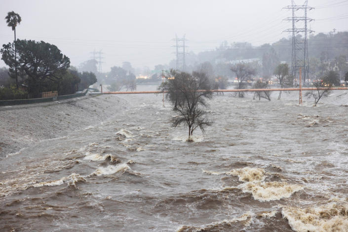 The Los Angeles River during a rare cold winter storm