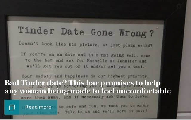 Bad Tinder date? This bar promises to help any woman being made to feel uncomfortable