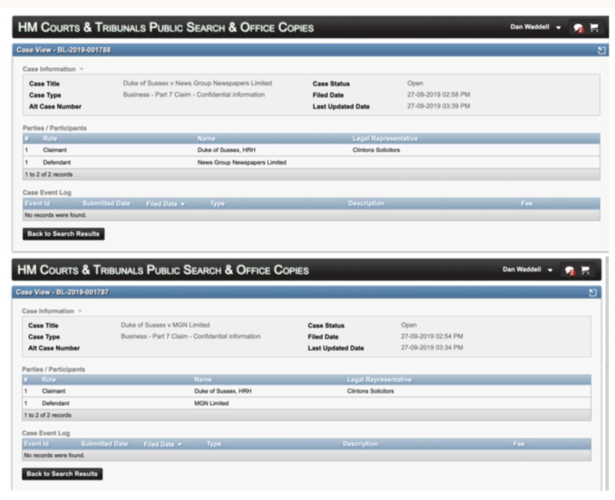 A document that shows Prince Harry’s lawyers are going to court (HM COURTS AND TRIBUNAL PUBLIC SEARCH)