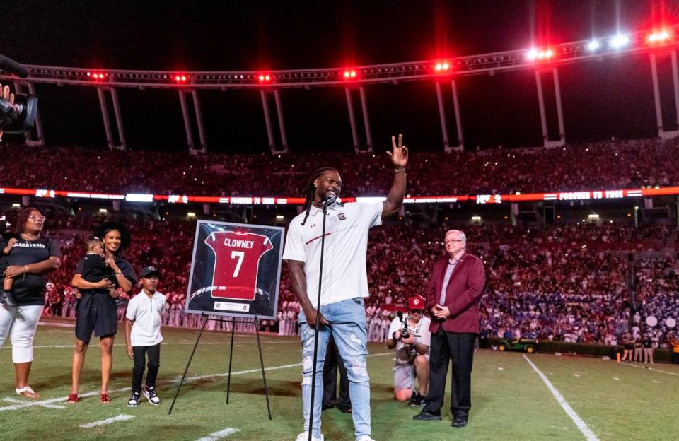 Former South Carolina player Jadeveon Clowney has his jersey retired at Williams-Brice Stadium in Columbia, SC on Saturday, Sept. 3, 2022.