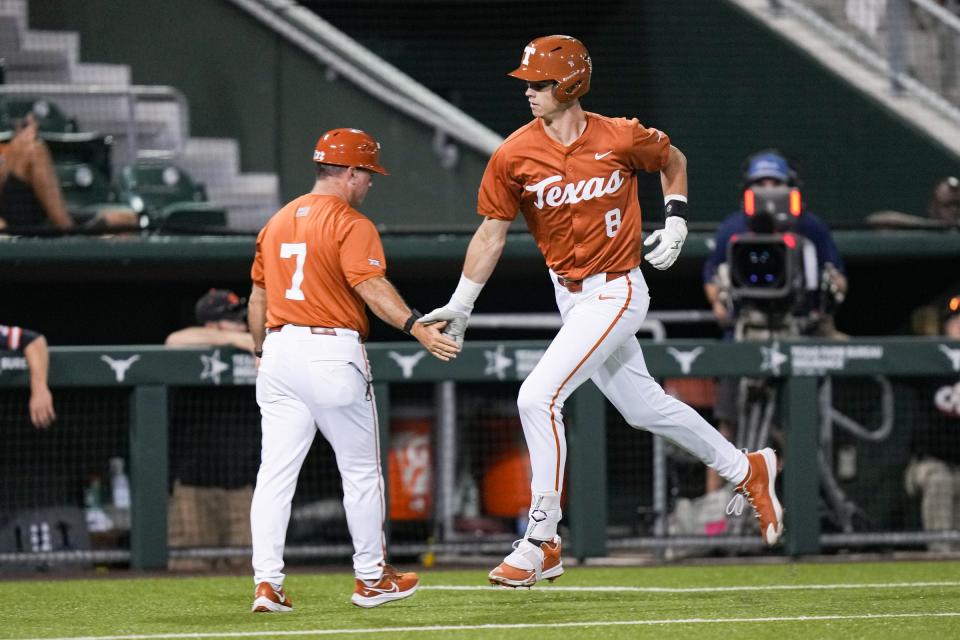 Texas outfielder Will Gasparino heads home after hitting a home run in Tuesday night's 16-8 win over Sam Houston State. The Longhorns hit five home runs against the Bearkats and have hit 20 of them over their last five games.