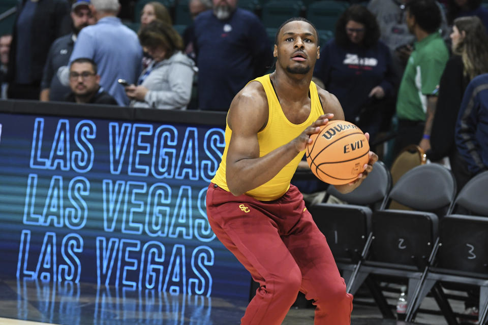 Bronny James warms up before USC's game against Gonzaga on Dec. 2 in Las Vegas. (AP Photo/Sam Morris)