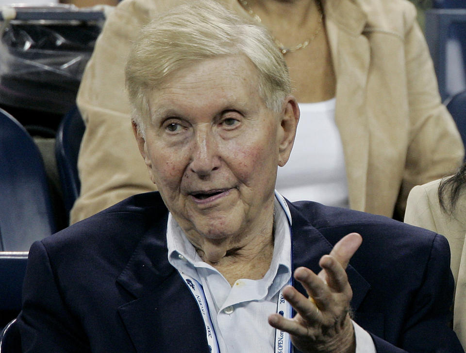 FILE - In this Sept. 9, 2006 file photo, Sumner Redstone, CEO of Viacom, Inc., attends the U.S. Open tennis tournament in New York. Redstone, the strong-willed media mogul whose public disputes with family members and subordinates made him a feared operator in Hollywood, died Wednesday, Aug. 12, 2020. (AP Photo/Elise Amendola, File)