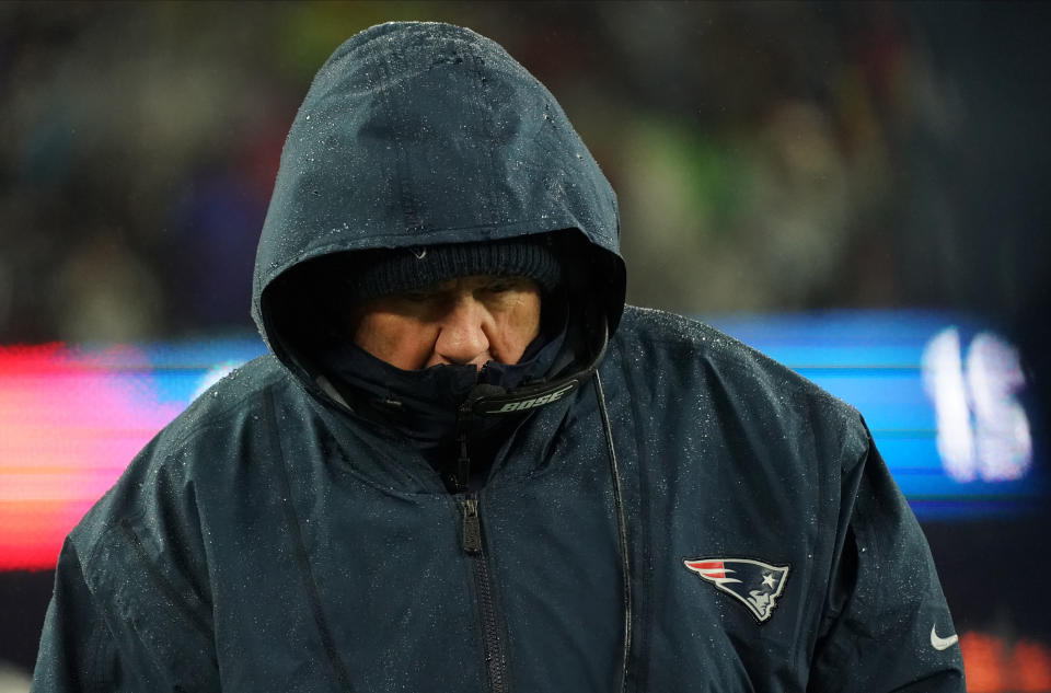 Nov 24, 2019; Foxborough, MA, USA; New England Patriots head coach Bill Belichick watches from the sideline as they take on the Dallas Cowboys in the second half at Gillette Stadium. Patriots defeated the Cowboys 13-9. Mandatory Credit: David Butler II-USA TODAY Sports