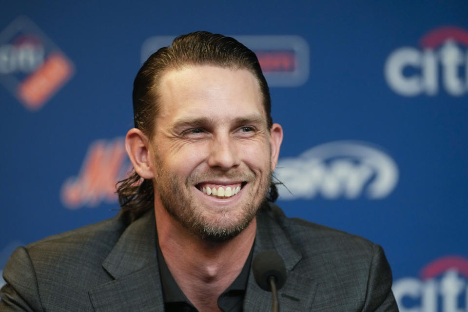 New York Mets' Jeff McNeil speaks to reporters during a news conference, Tuesday, Jan. 31, 2023, in New York. Batting champion Jeff McNeil and the New York Mets finalized a $50 million, four-year contract Tuesday that avoided a salary arbitration hearing.(AP Photo/Mary Altaffer)
