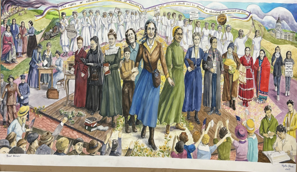 This was the proposed oil painting design by artist Phyllis Pease for a women's suffrage memorial at the Statehouse. It was approved by the Capitol Preservation Committee in October, though some modifications are expected in the final design.