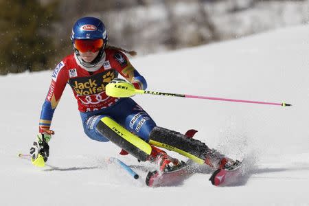 Mar 18, 2017; Aspen, CO, USA; Mikaela Shiffrin of the United States during the women's slalom alpine skiing race in the 2017 Audi FIS World Cup Finals at Aspen Mountain. Mandatory Credit: Jeff Swinger-USA TODAY Sports