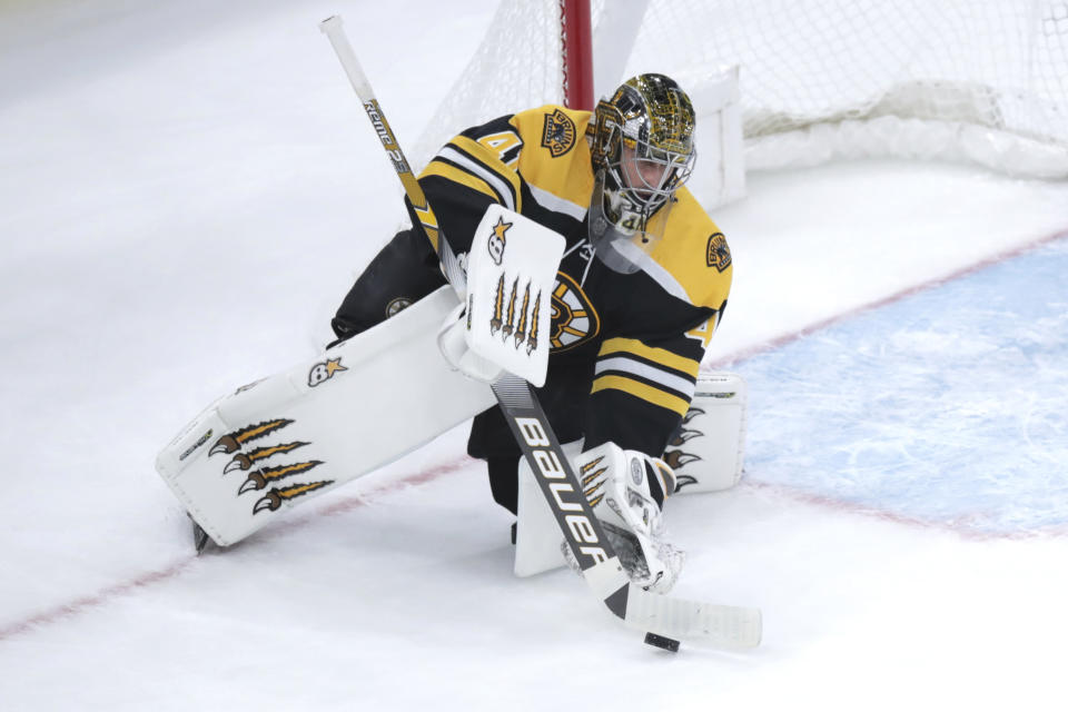 Boston Bruins goaltender Jaroslav Halak (41) makes a save during the first period of an NHL hockey game against the Vegas Golden Knights in Boston, Tuesday, Jan. 21, 2020. (AP Photo/Charles Krupa)