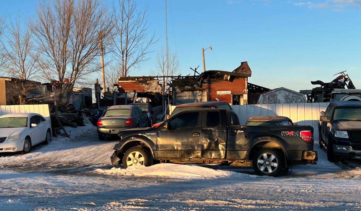 Just the exterior walls of the Lakeview Auto building in Waubay remain after a fire Monday consumed the building.