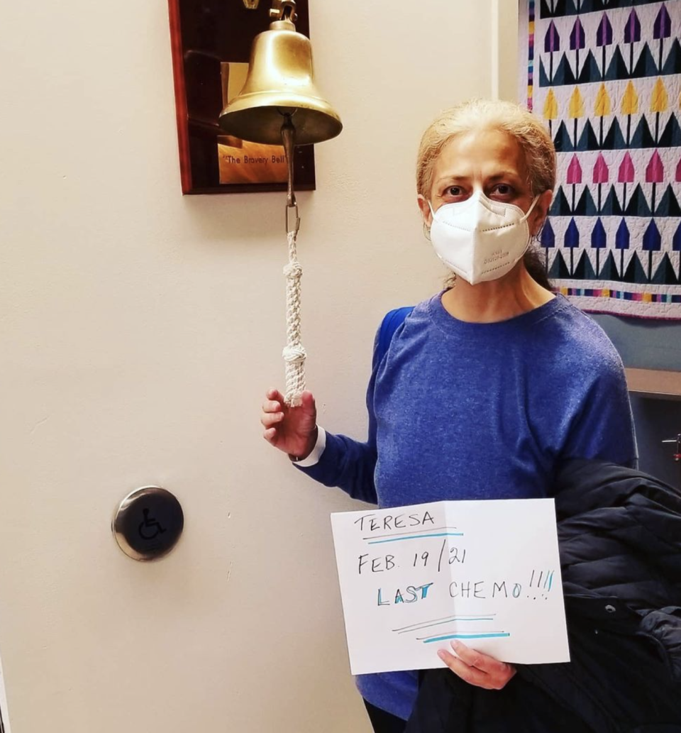 Tiano completed chemotherapy for ureter cancer in 2021. This time she rang the bell. (Image used with permission from Teresa Tiano)