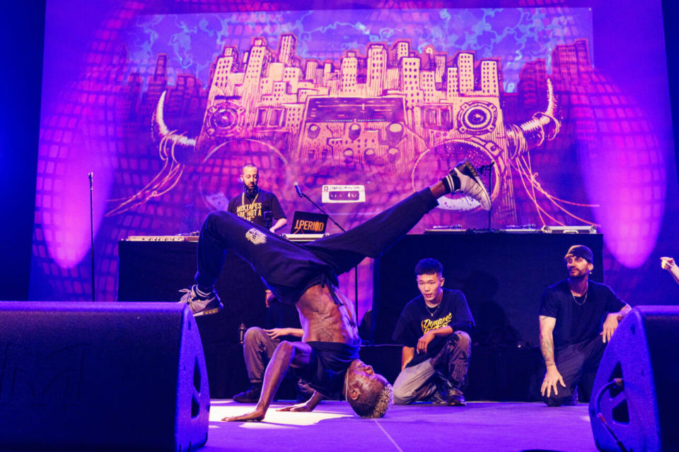 Bboy Crunk and the Dynamic Rockers breakdancing crew perform onstage during the “J.PERIOD Live Mixtape: Gods & Kings Edition” at Damrosch Park, Lincoln Center, on August 9, 2023 in New York City. (Credit: Richard Bord/Getty Images)