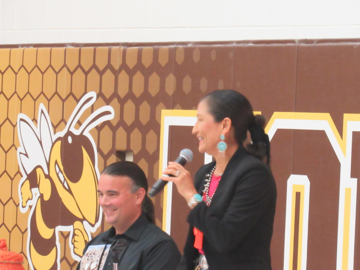 Interior Secretary Deb Haaland and Assistant Sec. Bryan Newland at The Road to Healing tour in Pellston, Michigan. (Photo/Levi Rickert for Native News Online)