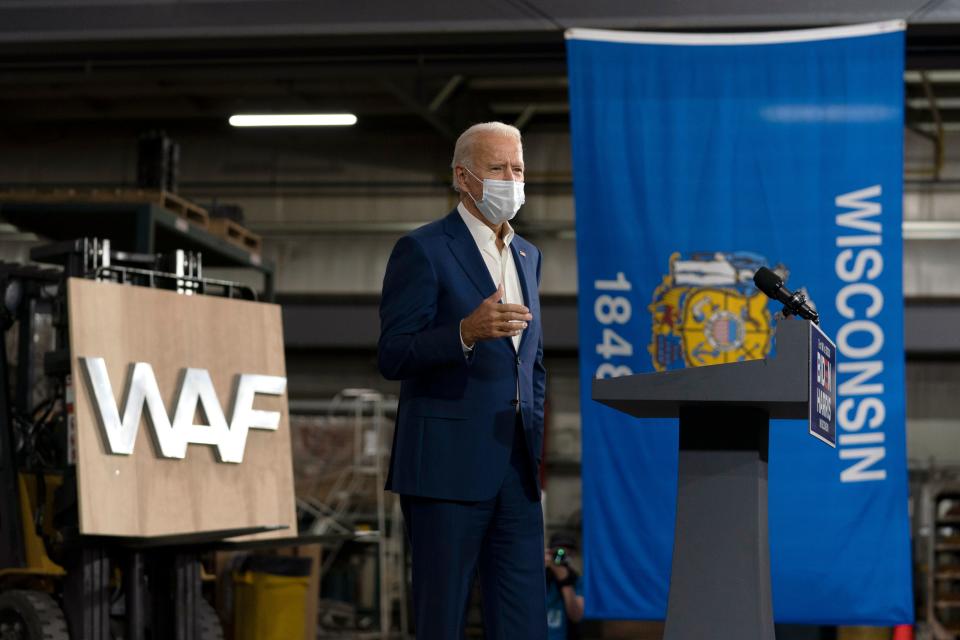 Democratic presidential candidate former Vice President Joe Biden speaks at Wisconsin Aluminum Foundry in Manitowoc, Wis., Monday, Sept. 21, 2020. (AP Photo/Carolyn Kaster) ORG XMIT: WICK123