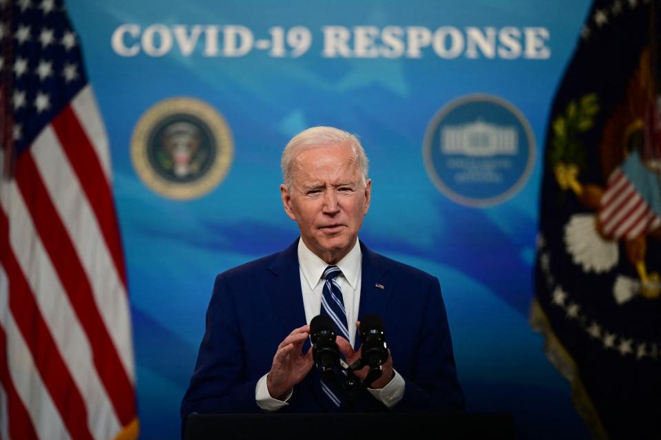 US President Joe Biden with Vice President Kamala Harris (not shown), delivers remarks on Covid-19 response and vaccinations in the South Court Auditorium of the White House in Washington DC, on March 29, 2021. - US President Joe Biden's administration on March 29, 2021 announced a set of new actions to ensure that 90 percent of adults will be eligible for vaccination against Covid by April 19. (Photo by JIM WATSON / AFP) (Photo by JIM WATSON/AFP via Getty Images)