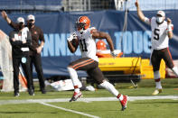 Cleveland Browns wide receiver Donovan Peoples-Jones (11) runs down the field for a touchdown on a 75-yard pass play against the Tennessee Titans in the first half of an NFL football game Sunday, Dec. 6, 2020, in Nashville, Tenn. (AP Photo/Wade Payne)