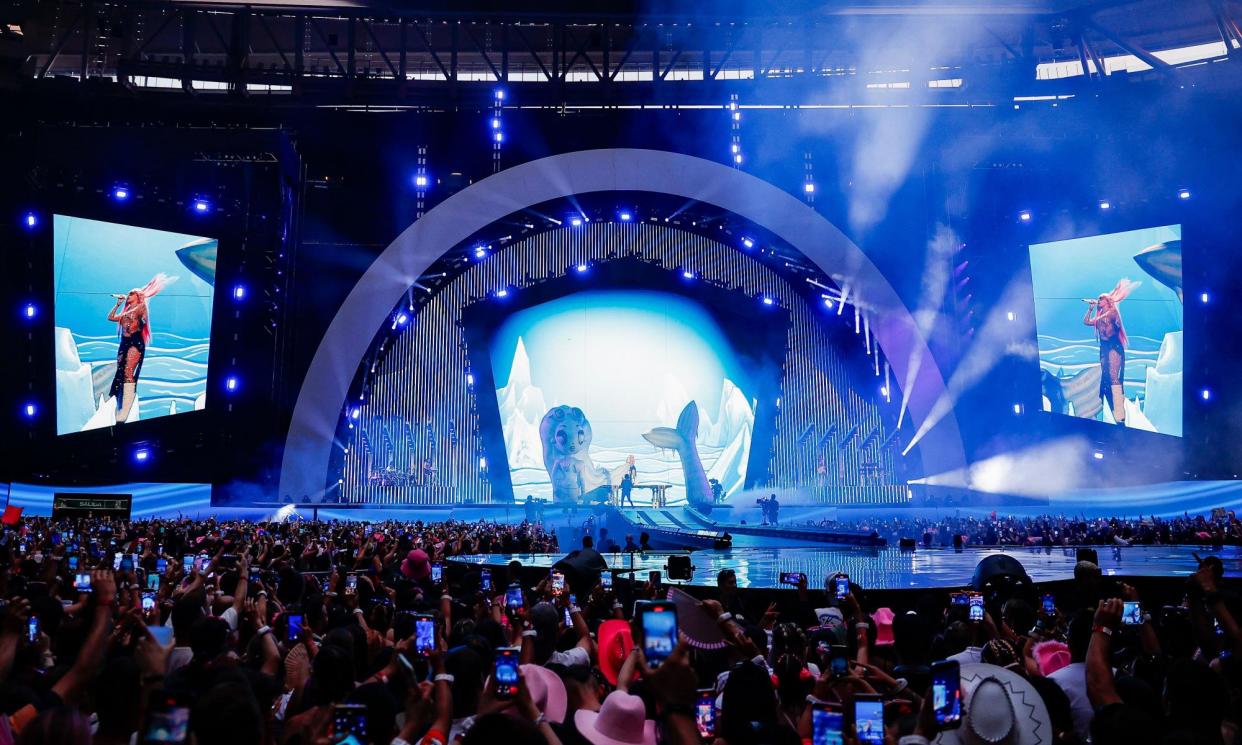 <span>The Colombian singer Karol G performs at the Bernabéu in July.</span><span>Photograph: Alba Rojo/Gtres/Rex/Shutterstock</span>