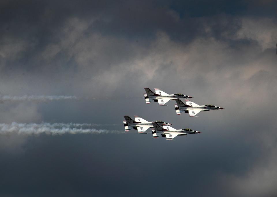 The U.S. Air Force Thunderbirds demonstration team flies in formation during their arrival at Lakeland Linder International Airport for Sun 'n Fun in 2022. The team will make another appearance at Sun 'n Fun this year. They arrive Thursday afternoon and will make a practice performance. Their main performances will be the Friday and Saturday airshows.