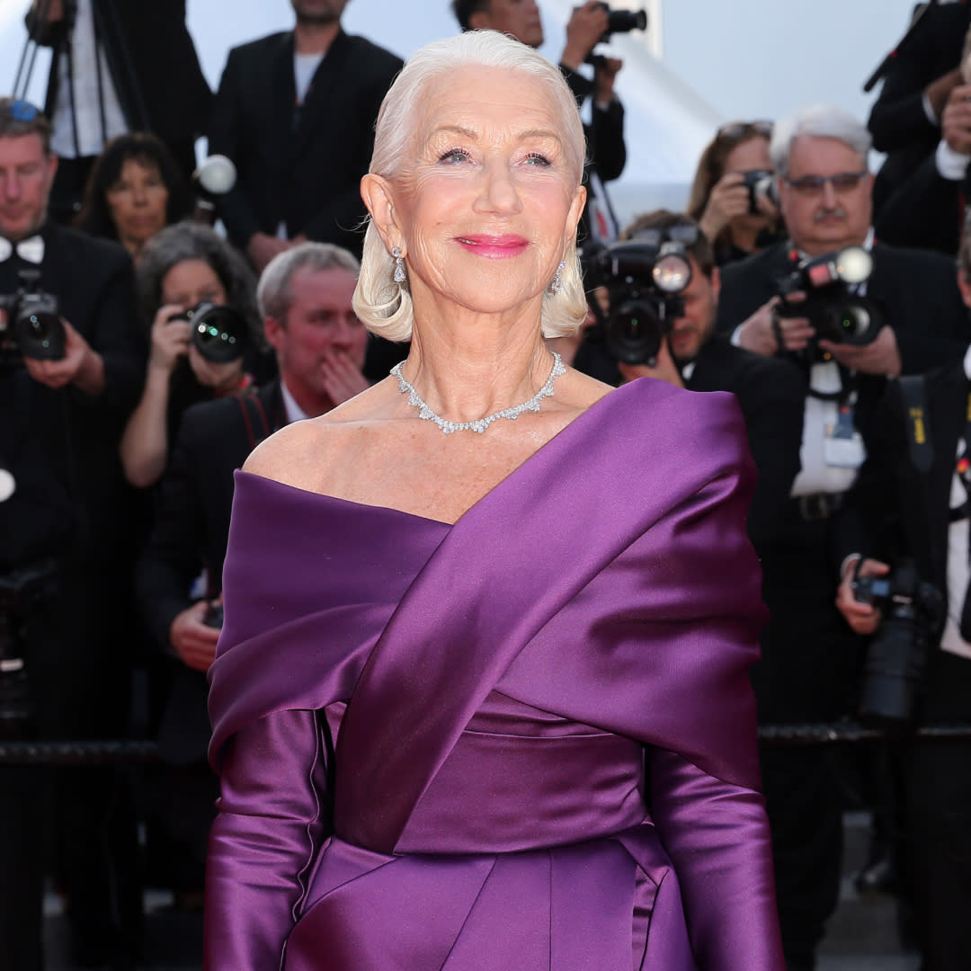  Helen Mirren at the 2024 cannes film festival wearing a purple elie saab gown. 