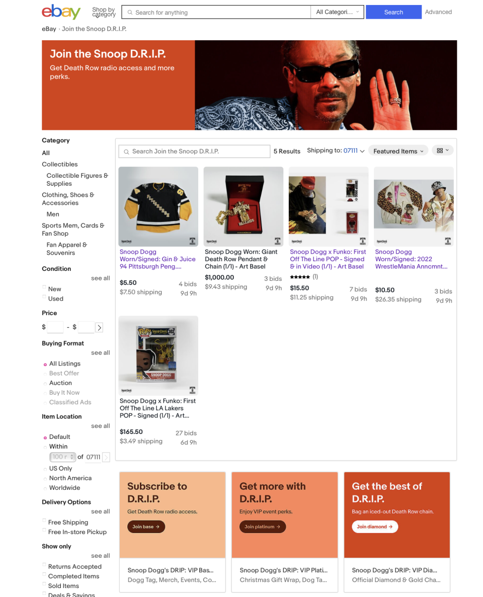 eBay Screenshot from Snoop Dogg's D.R.I.P. 