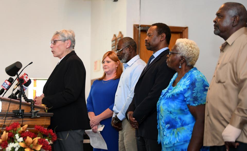 Former BCSO Sgt. Diane Clarke speaks to the audience. An April 27, 2022 press conference was held by attorneys for Crosley Green at Bethlehem Missionary Baptist Church in Titusville. Lawyers Keith J. Harrison and Jeane A. Thomas, as well as Crosley Green, his sister and brother, and others spoke to the news media, and supporters.