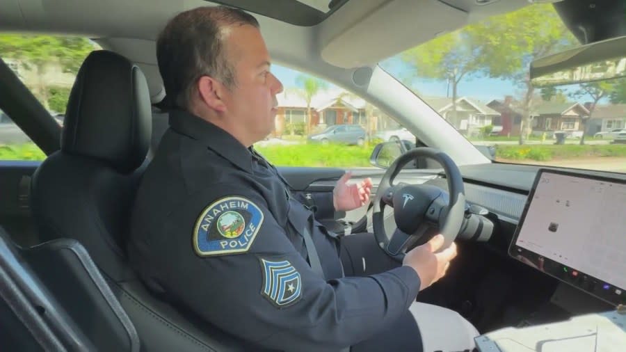 KTLA rides along with an Anaheim police officer in a new Tesla Model Y patrol vehicle. (KTLA)