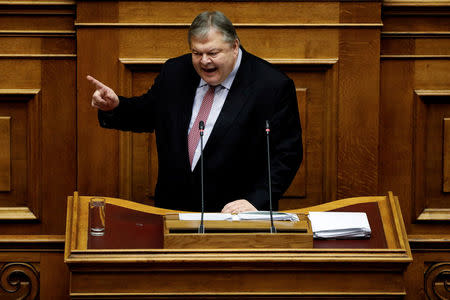 Former Greek Deputy Prime Minister and former Foreign Minister Evangelos Venizelos addresses lawmakers during a parliamentary session before a vote on setting up a special committee which will probe the role of ten politicians in a case which involves alleged bribery by Swiss drugmaker Novartis, in Athens, Greece February 21, 2018. REUTERS/Alkis Konstantinidis