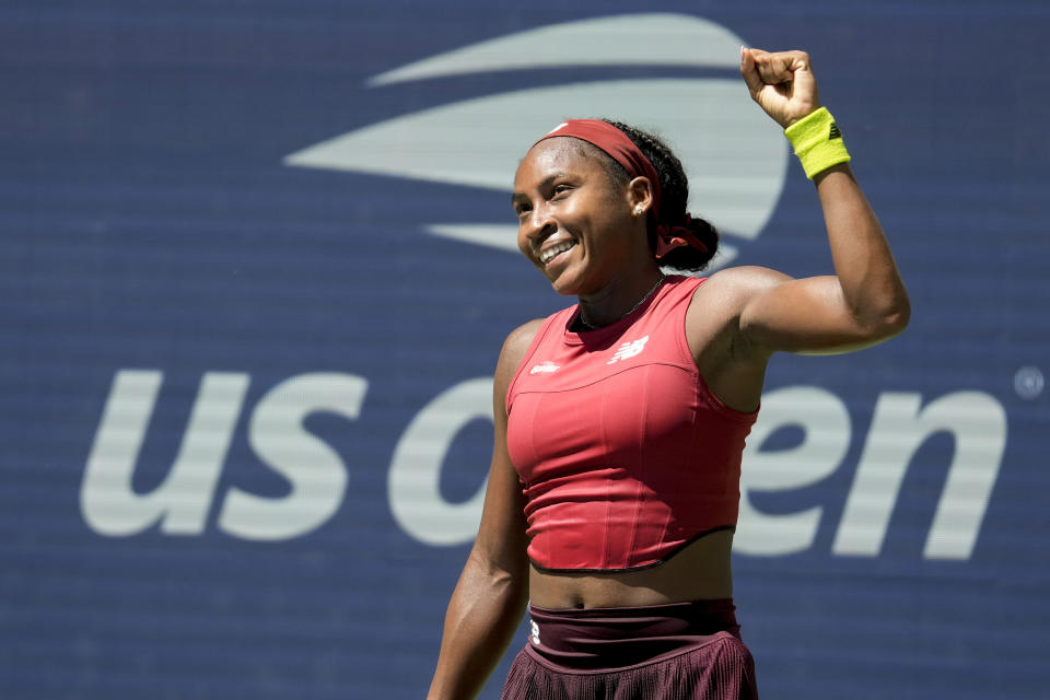 Coco Gauff, of the United States, reacts during a match against Mirra Andreeva, of Russia, during the second round of the U.S. Open tennis championships, Wednesday, Aug. 30, 2023, in New York. (AP Photo/John Minchillo)