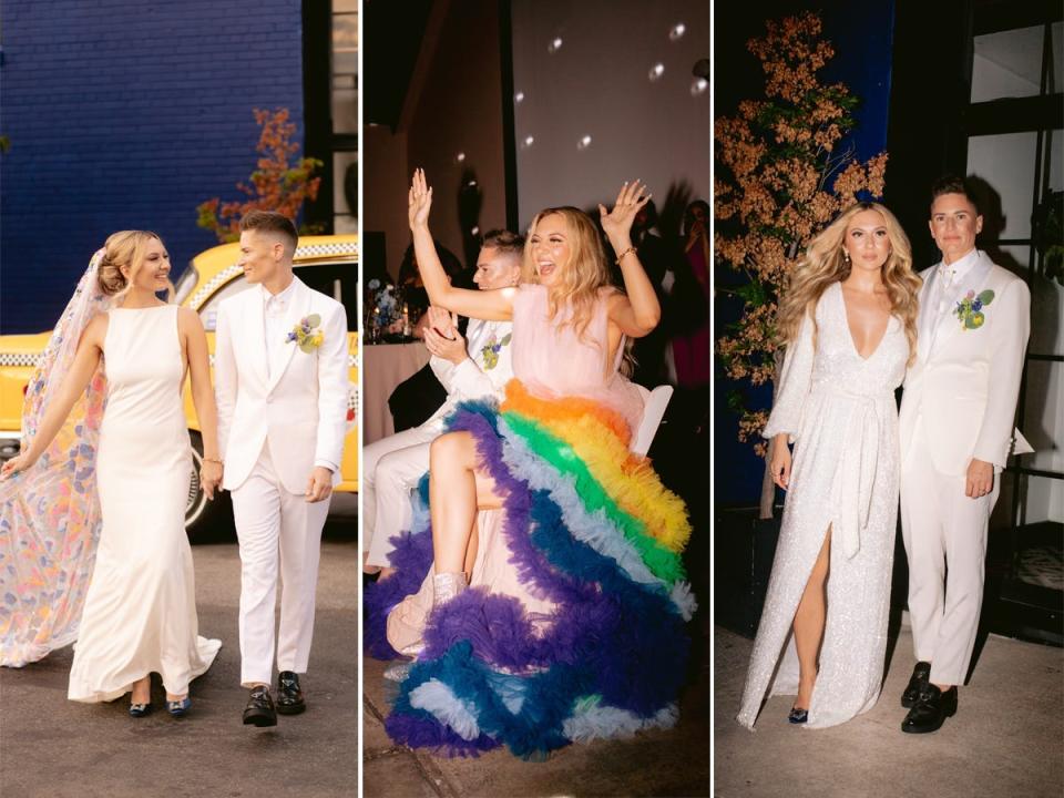 Three photos of a bride in different wedding dresses.