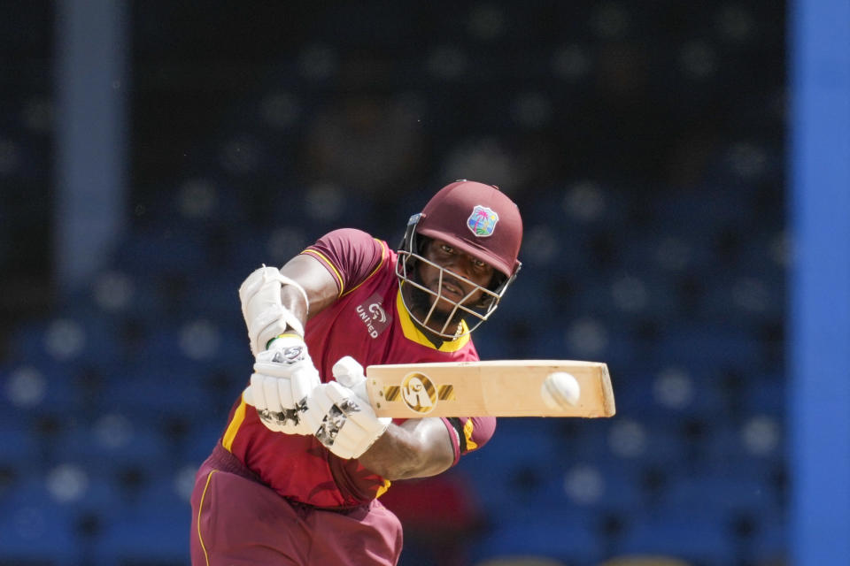 West Indies' Kyle Mayers plays a shot against India during the first ODI cricket match at Queen's Park Oval in Port of Spain, Trinidad and Tobago, Friday, July 22, 2022. (AP Photo/Ricardo Mazalan)