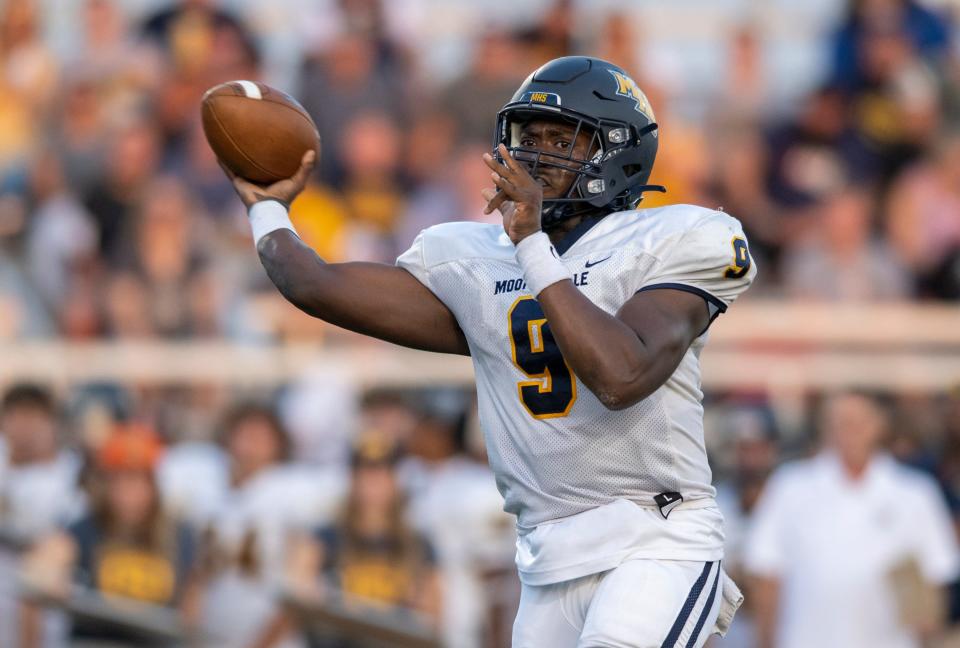 Mooresville High School senior Nicholas Patterson (9) drops back to pass during the first half of an IHSAA varsity football game against Decatur Central High School, Friday, Sept. 16, 2022, at Decatur Central High School.