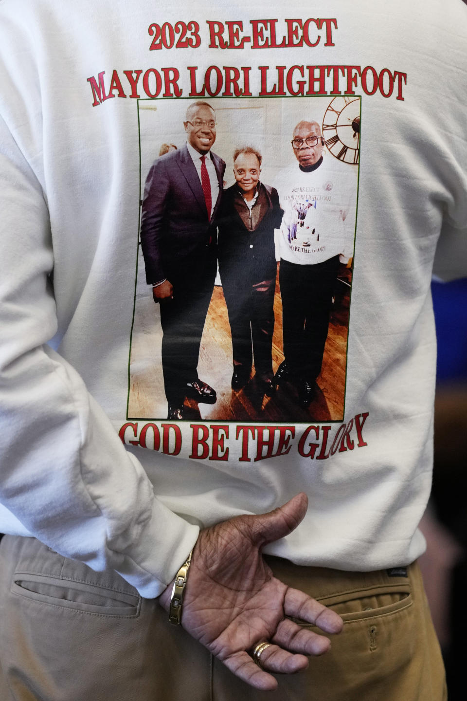 A supporter of Chicago mayor Lori Lightfoot wears a sweatshirts for her reelection during Women for Lori Rally in Chicago, Saturday, Feb. 25, 2023. Lightfoot is fighting for reelection Tuesday after a history-making but tumultuous four years in office and a bruising campaign threaten to make her the city's first one-term mayor in decades. (AP Photo/Nam Y. Huh)