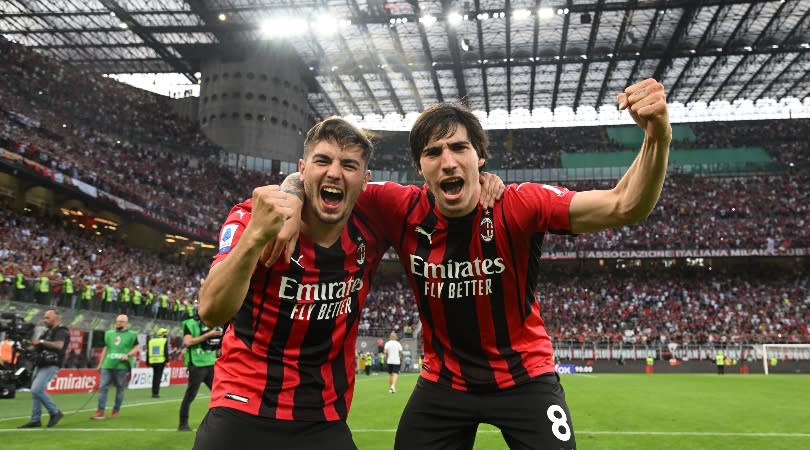 Brahim Diaz and Sandro Tonai celebrate AC Milan's win over Atalanta at San Siro.