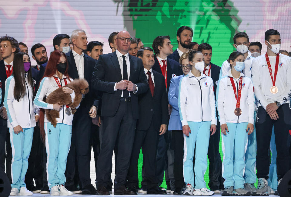 Kamila Valieva and teammates, pictured here at a ceremony to honour Russian athletes who competed at the Winter Olympics.