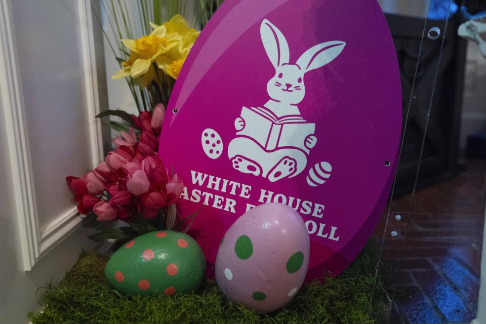 Decorations for the White House Easter Egg Roll adorn the East Colonnade of the White House, Thursday, March 28, 2024, in Washington. (AP Photo/Evan Vucci)