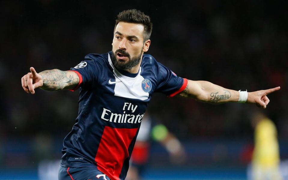 Paris Saint Germain player Ezequiel Lavezzi celebrates scoring a goal during the UEFA Champions League quarter final first leg soccer match between Paris Saint Germain and Chelsea FC at the Parc des Princes stadium, in Paris, France