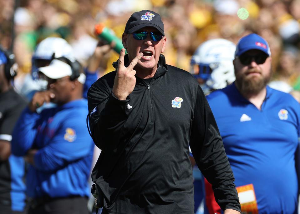 Kansas head coach Lance Leipold shouts to a referee in the first half of a game against Baylor on Saturday in Waco, Texas.