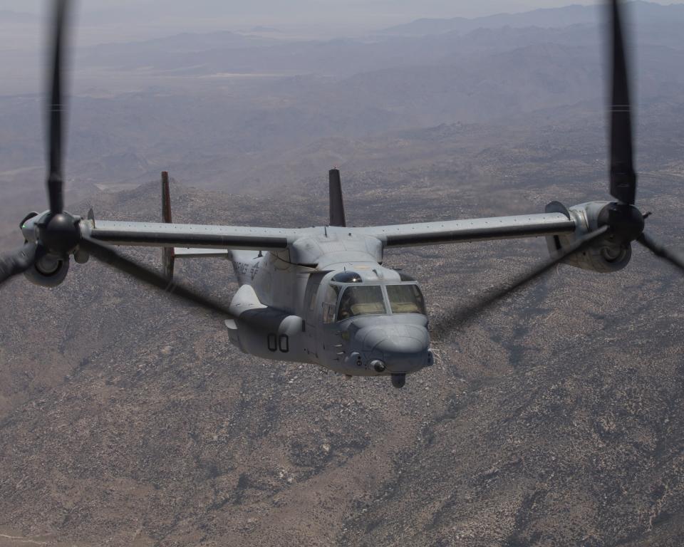 FILE - In this photo provided by U.S. Marine Corps/3rd MAW, an MV-22B Osprey with Marine Operational Test and Evaluation Squadron (VMX) 1 transports ordnance during an Expeditionary Advanced Base Operation (EABO) exercise to Old Highway 101 near Marine Corps Base Camp Pendleton, Calif., on May 25, 2022. The deadly crash of a Marine V-22 Osprey, like the one shown, in California last year was caused by mechanical failure, according to an investigation that ruled out pilot and maintenance errors. (U.S. Marine Corps via AP, File)