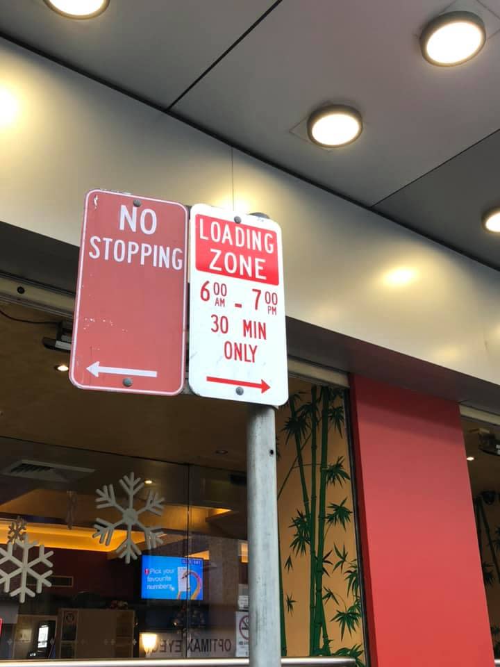 A sign that stipulates an area is a loading zone from 6am to 7am and 30 minute parking only applies. 