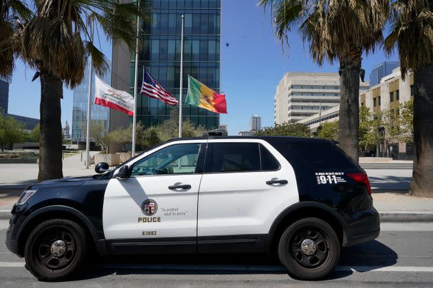 FILE - A Los Angeles Police Department vehicle is parked outside the LAPD headquarters in downtown Los Angeles on July 8, 2022. On Thursday, June 22, 2023, the Supreme Court of California ruled that police are not immune from civil lawsuits for misconduct that happens during investigations. (AP Photo/Damian Dovarganes, File)
