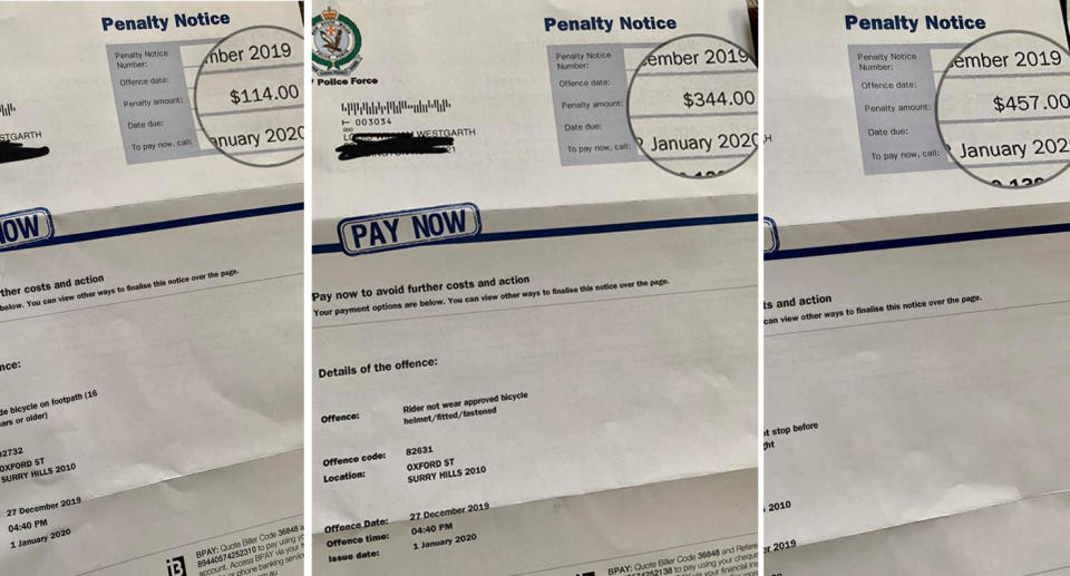 Pictured are the man's three NSW penalty notices for breaking the law while cycling. 