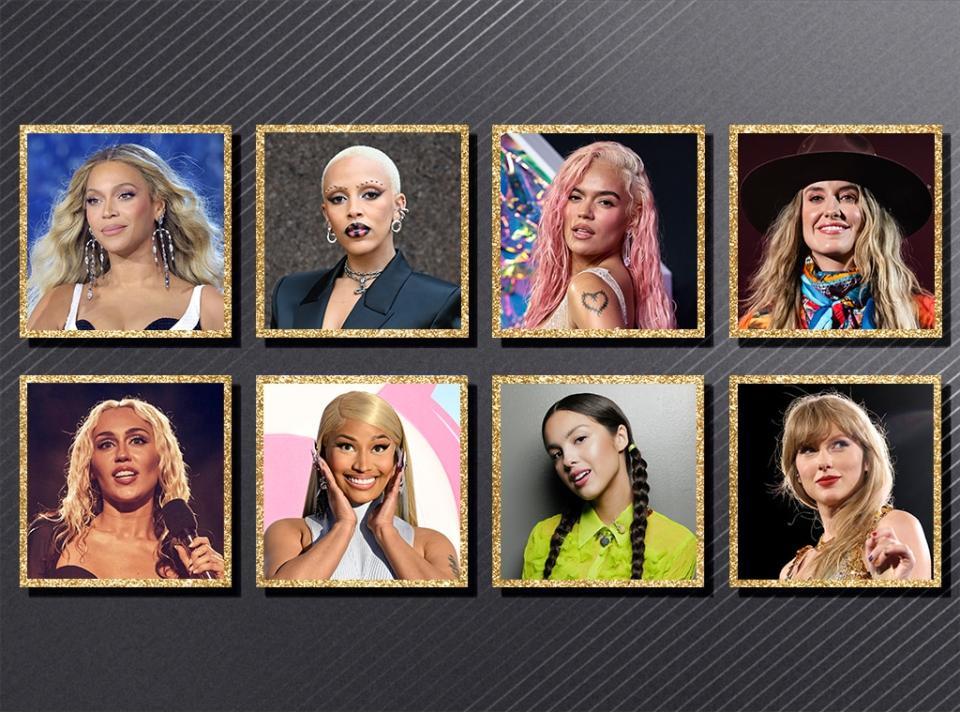 <p><strong>THE FEMALE ARTIST OF THE YEAR</strong><br>Beyoncé<br>Doja Cat<br>Karol G<br>Lainey Wilson<br>Miley Cyrus<br>Nicki Minaj<br>Olivia Rodrigo<br><strong>WINNER: Taylor Swift</strong></p>