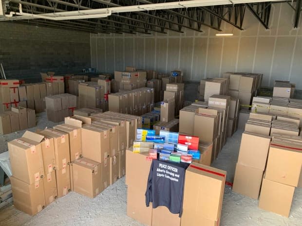 AGLC says there is approximately $4.5 million worth of contraband in this photo, taken at a southeast Calgary storage facility.  (Alberta Liquor Gaming and Cannabis - image credit)
