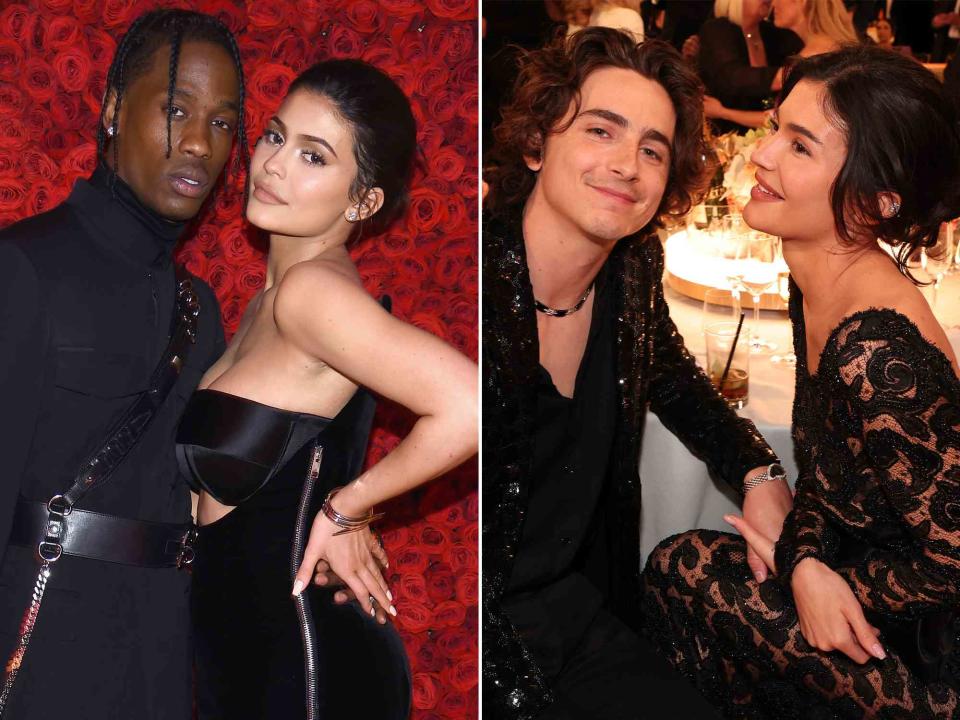 <p>Dimitrios Kambouris/MG18/Getty ; Christopher Polk/Golden Globes 2024/Golden Globes 2024/Getty</p> Travis Scott and Kylie Jenner attend the Heavenly Bodies: Fashion & The Catholic Imagination Costume Institute Gala at The Metropolitan Museum of Art on May 7, 2018. ; Timothee Chalamet and Kylie Jenner at the 81st Golden Globe Awards held at the Beverly Hilton Hotel on January 7, 2024. 