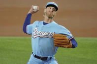 Texas Rangers starting pitcher Mike Foltynewicz throws against the Seattle Mariners in the first inning of a baseball game Sunday, Aug. 1, 2021, in Arlington, Texas. (AP Photo/Louis DeLuca)