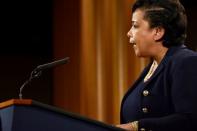 U.S. Attorney General Loretta E. Lynch announces the filing of civil forfeiture complaints seeking the forfeiture and recovery of more than $1 billion in assets associated with an international conspiracy to launder funds misappropriated from a Malaysian sovereign wealth fund 1MDB in Washington July 20, 2016. REUTERS/James Lawler Duggan
