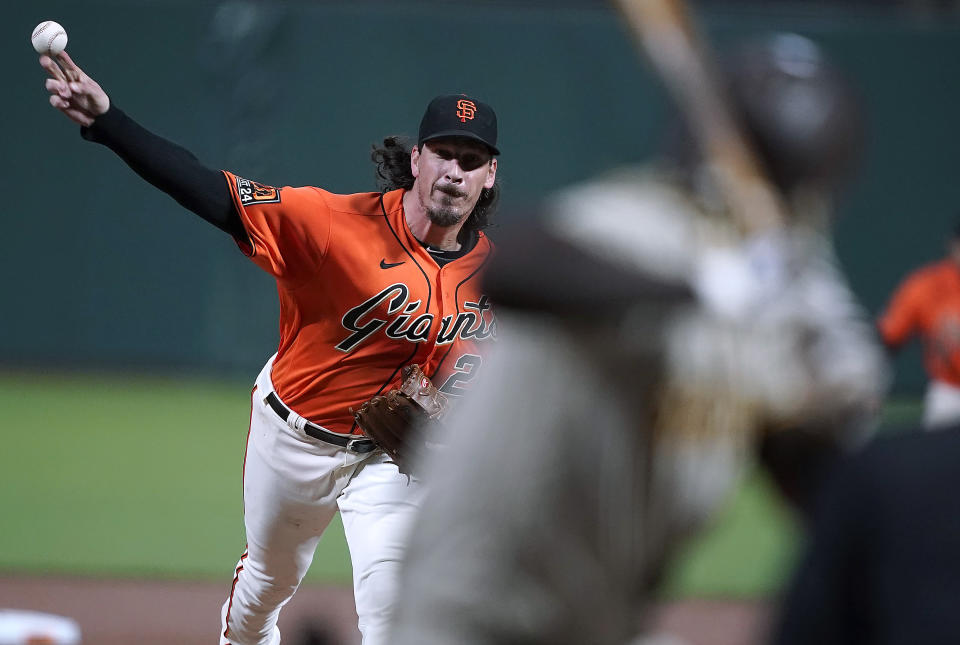 San Francisco Giants pitcher Jeff Samardzija works against the San Diego Padres during the first inning of the second game of a baseball doubleheader Friday, Sept. 25, 2020, in San Francisco. (AP Photo/Tony Avelar)