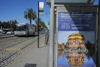 Signage along the Embarcadero promotes the upcoming Asia-Pacific Economic Cooperation leaders summit in San Francisco, Wednesday, Oct. 18, 2023. A $4 million marketing campaign touting San Francisco's resilience, innovation and moxie launches Thursday, Oct. 19, as the embattled city prepares to host a high-profile APEC leaders' summit next month that could boost its image or pile on to its woes. (AP Photo/Eric Risberg)