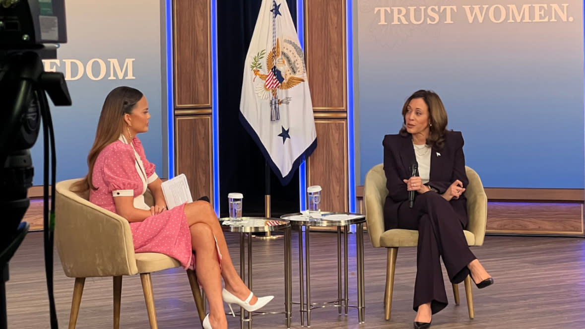 Vice President Kamala Harris (right) and model Chrissy Teigen led a White House discussion about abortion rights and reproductive health on Thursday. (Photo by Gerren Keith Gaynor/TheGrio)