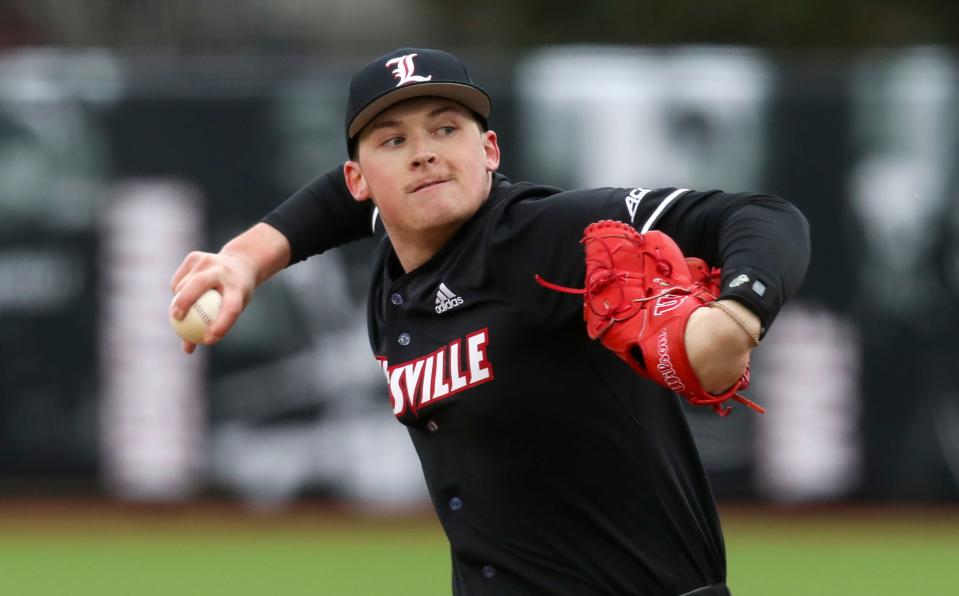 U of L's Ryan Hawks pitches against Bucknell on Feb. 17, 2023.